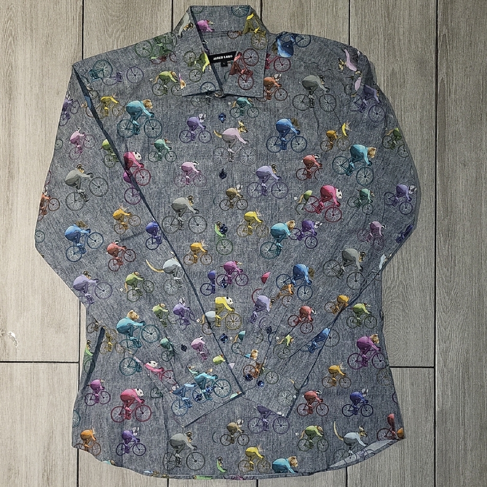 JARED LANG Blue and Gray Casual Button Down Shirt